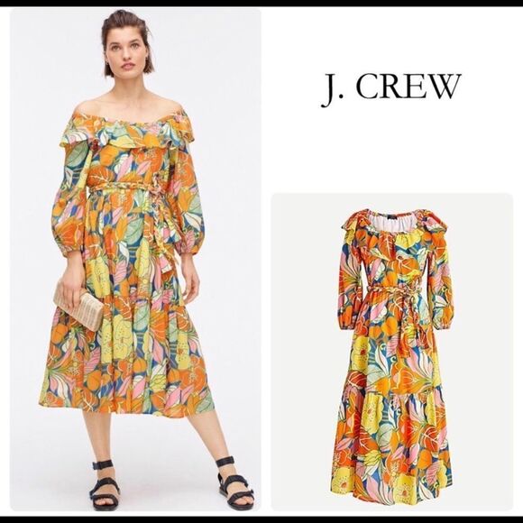 💜 J.Crew Midi Dress in Tropical Floral Print with Ruffle Collar and Belt - Picture 4 of 5